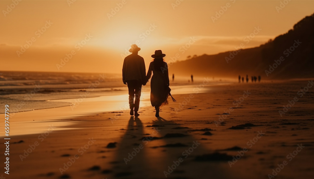 Romantic couple walking on sandy beach at sunset holding hands generated by AI