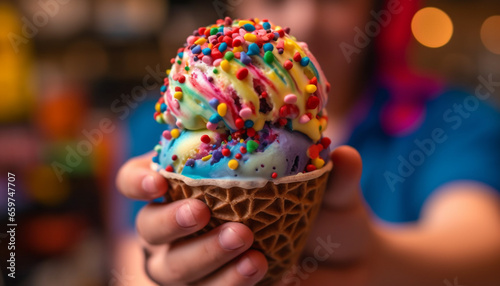 Caucasian child holding gourmet ice cream cone, enjoying sweet indulgence generated by AI