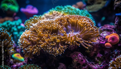 Deep below, clown fish thrive in natural beauty of coral generated by AI