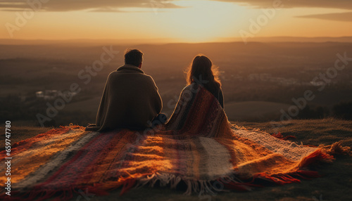 Sun kissed couple embraces atop mountain peak at sunrise adventure generated by AI