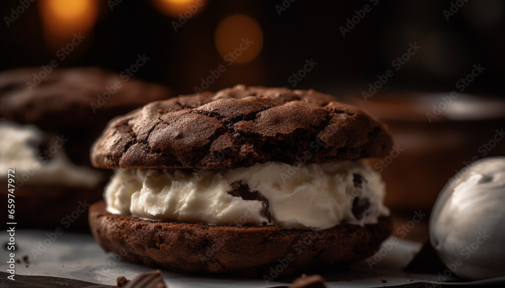 Fototapeta premium Indulgent chocolate fudge brownie stack on rustic wooden table generated by AI