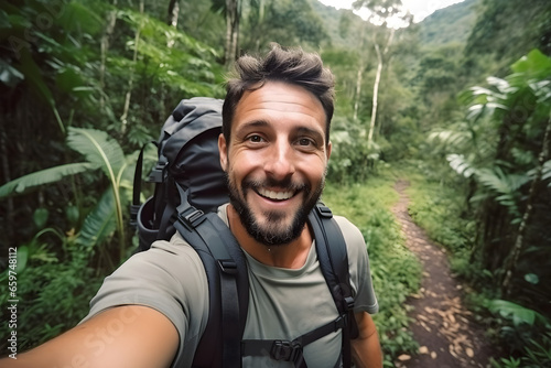 Happy traveller man with backpack taking selfie picture in jungle - Travel blogger taking self portrait with smart mobile phone device outside - Life style and technology concept