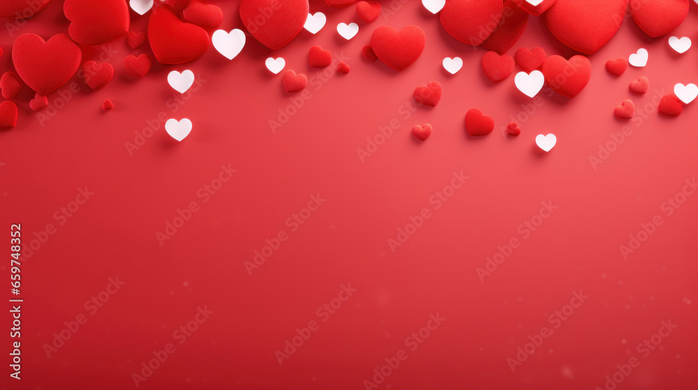 Red and white flying hearts on a dark red background