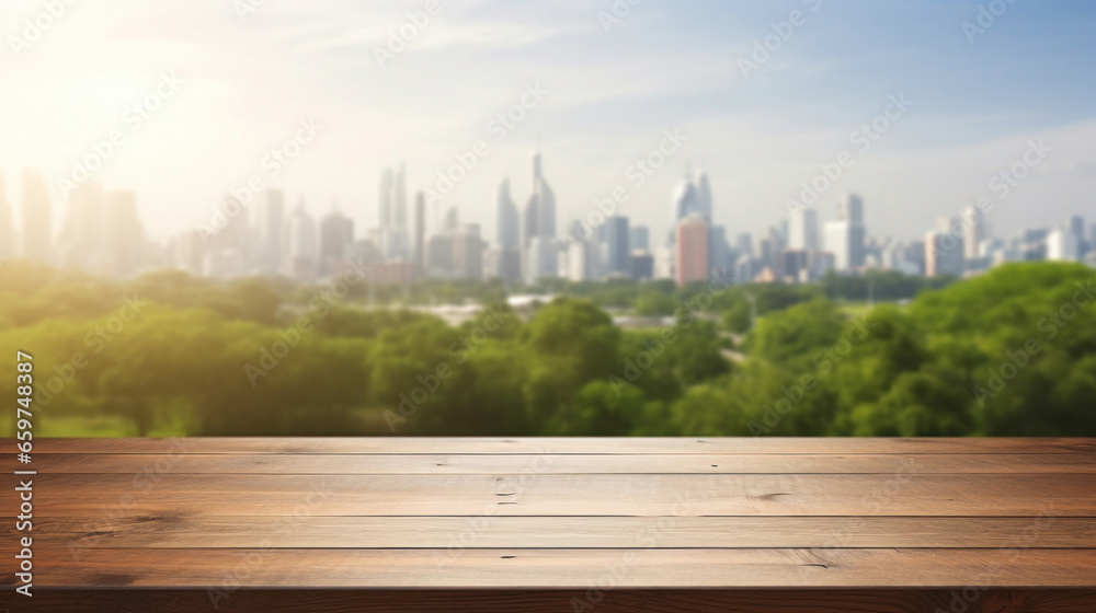 Empty wooden table top with blur background of city and park Empty wooden table top with blur background of city and park