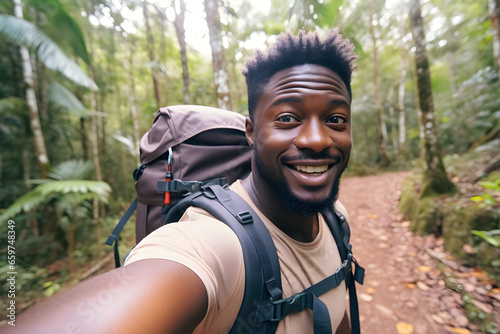 Fototapeta Naklejka Na Ścianę i Meble -  Happy traveller black man with backpack taking selfie picture in jungle - Travel blogger taking self portrait with smart mobile phone device outside - Life style and technology concept