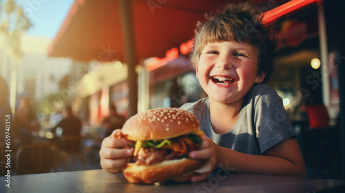 Happy kid in a street cafe with burger