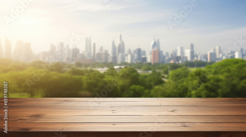 Empty wooden table top with blur background of city and park