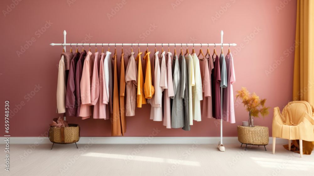 Colorful elegent feminine woman clothes in racks