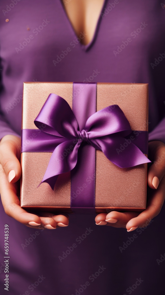A woman's hands hold a brown gift box with a purple bow and ribbons A woman's hands hold a brown gift box with a purple bow and ribbons