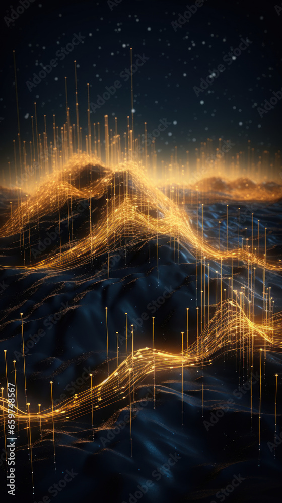 Obraz premium Futuristic abstract background with golden glowing particles and waves