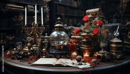 An old fashioned candle lantern decorates the antique bookshelf in the library generated by AI