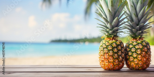 Wooden table with pineapples against a blurry beach backdrop