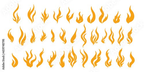 collection of vector flames, orange fire flames on white