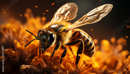 Busy honey bee picking up pollen from a beautiful flower generated by AI © djvstock