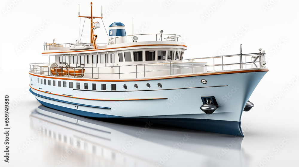 A minimalistic 3D illustration of a passenger ferry boat in water. Isolated on a white background