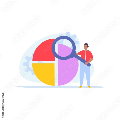 mature man holding magnifying glass and pie chart for business development illustration