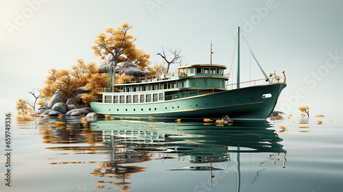A minimalistic 3D illustration of a passenger ferry boat in water. Isolated on a white background photo