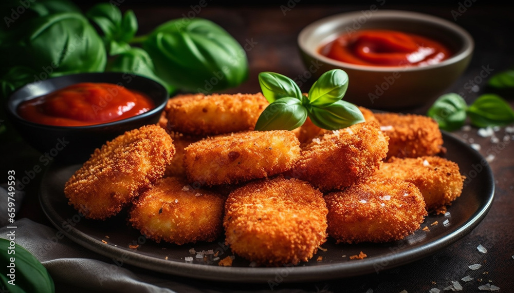 A rustic plate of deep fried pork cutlet with mozzarella generated by AI A rustic plate of deep fried pork cutlet with mozzarella generated by AI