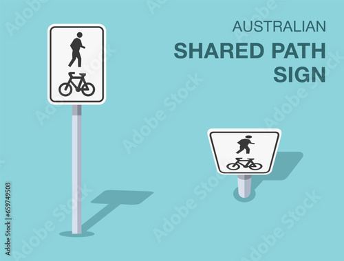 Traffic regulation rules. Isolated australian shared path sign. Front and top view. Flat vector illustration template.