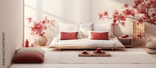 Minimalist illustration of a white and red Japandi bedroom with a double bed tatami mats armchairs and a meditation zen space