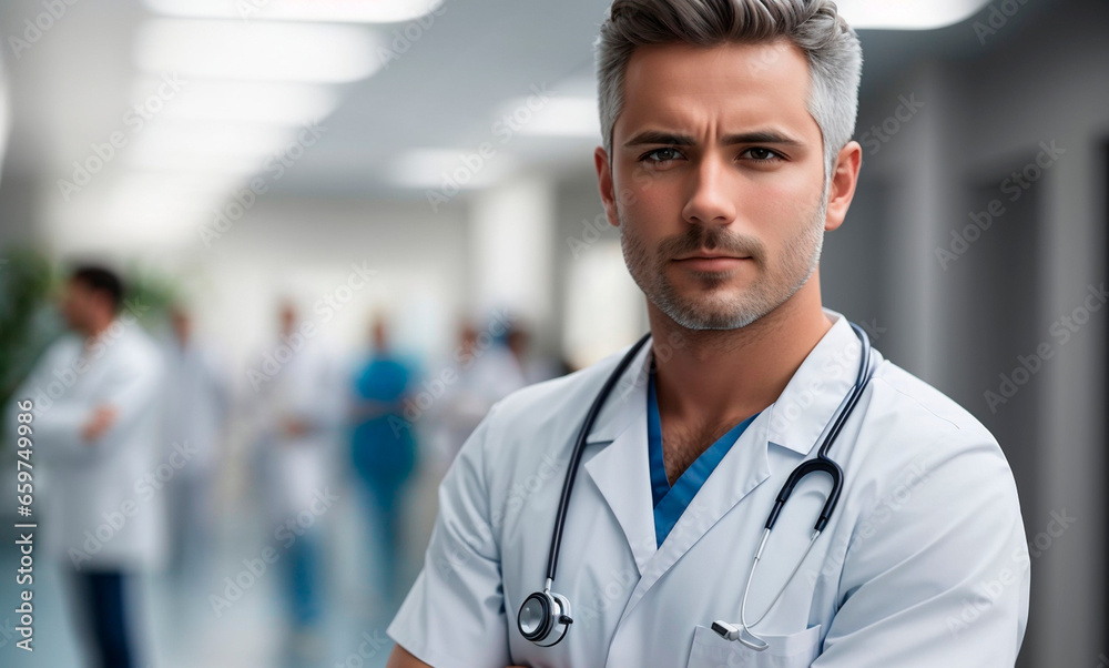 Doctor with crossed arms, white hair and serious in hospital. Doctor with crossed arms, white hair and serious in hospital.