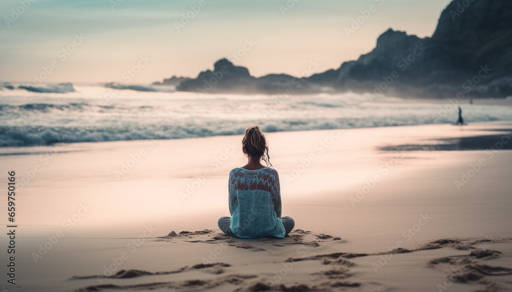 One young woman meditates in solitude, embracing beauty in nature generated by AI