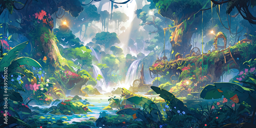 Anime Fantasy Magical Forest Background Backdrop Vibrant, Generated Ai 