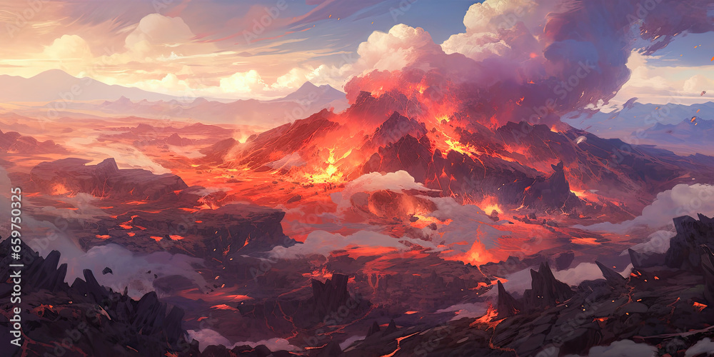 Anime lava flow background volcanic molten backdrop, generated ai