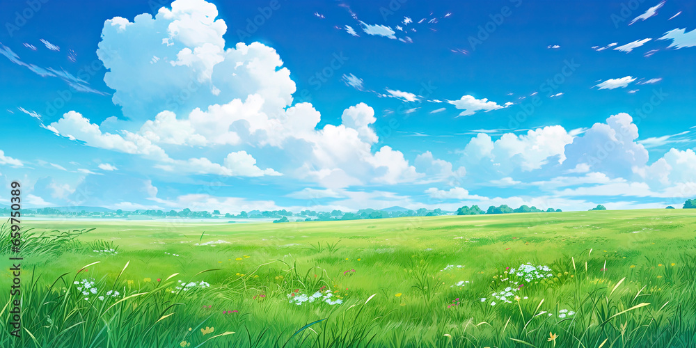 Vibrant green anime grass field background agricultural backdrop, generated ai