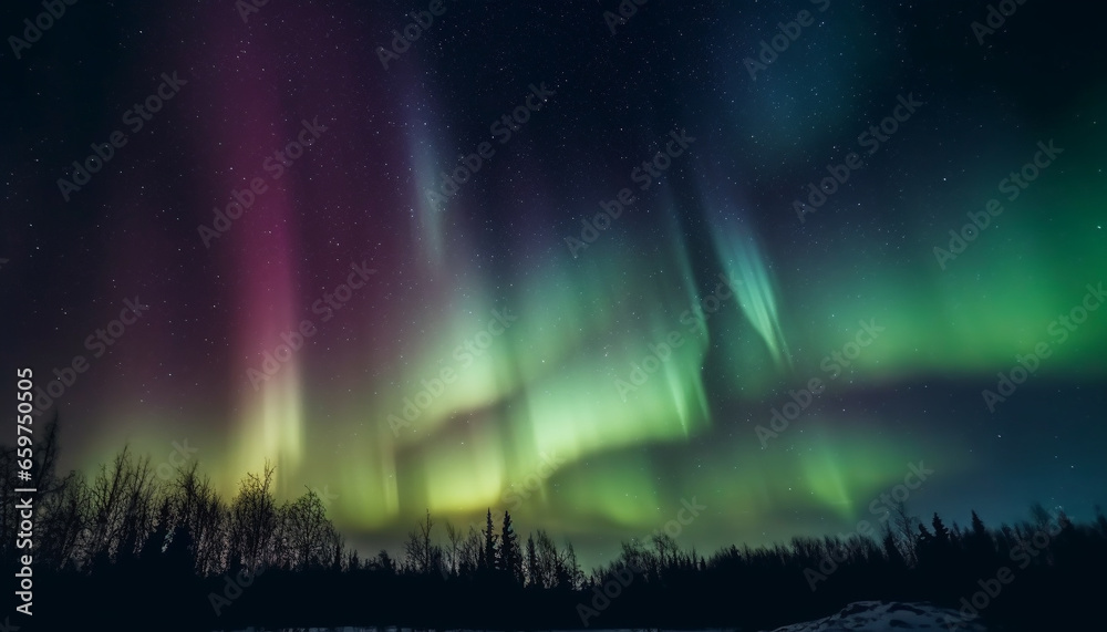 Night sky illuminated by vibrant multi colored aurora over snowy landscape generated by AI