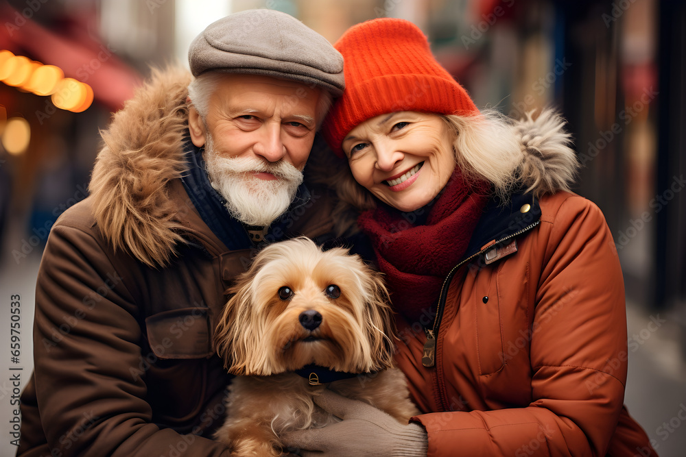Portrait of romantic senior retired couple with their dog in the city street