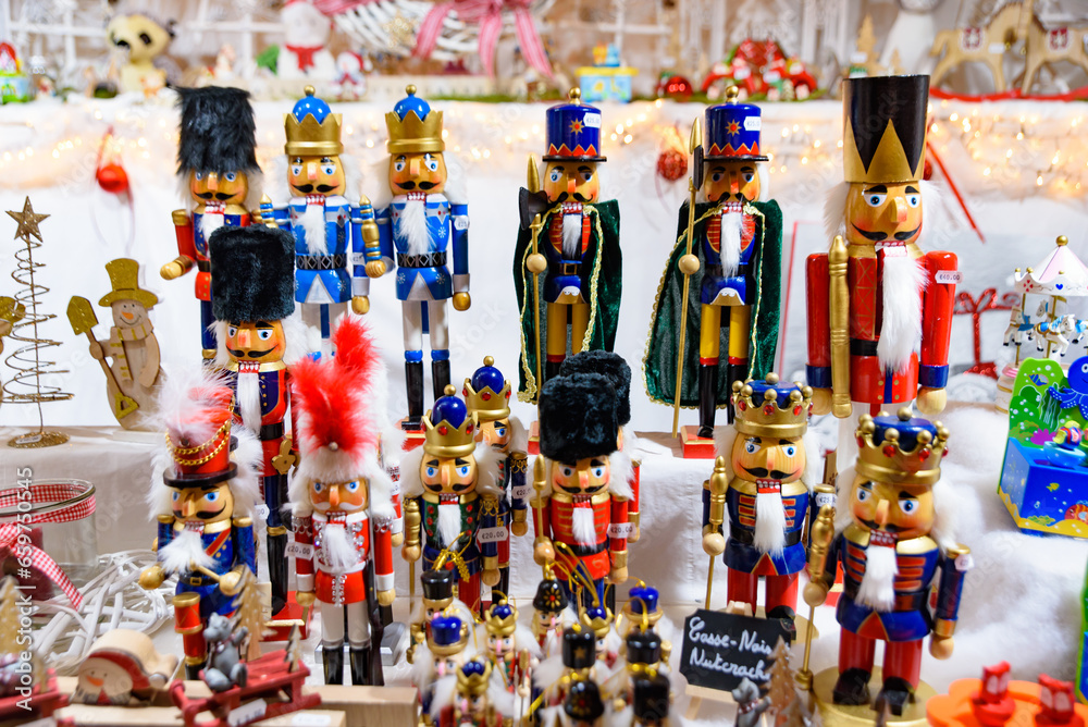 Art craft Nutcracker doll for gift in Christmas Market in Strasbourg, the capital de Noel in France