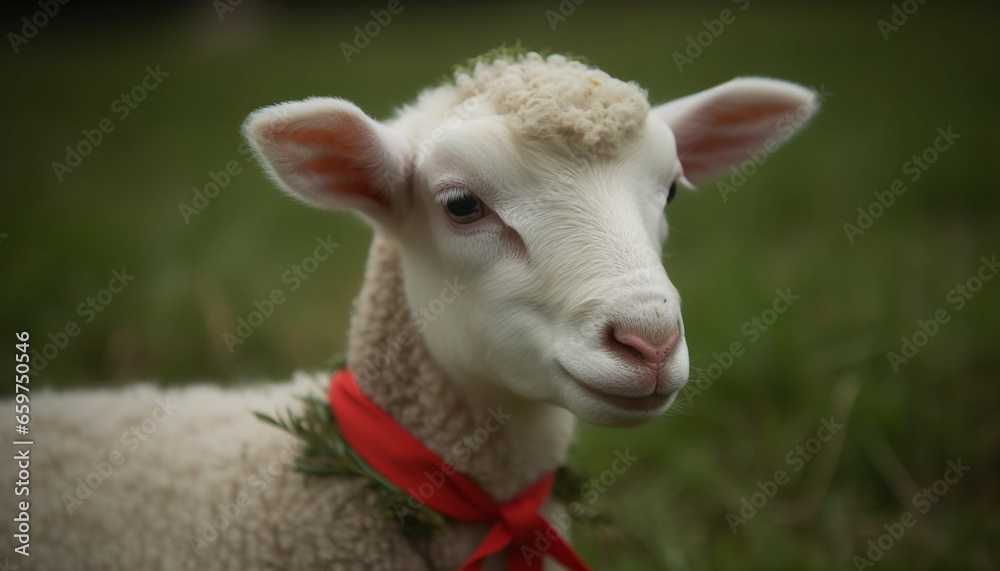 Fototapeta premium Cute lamb smiling, looking at camera in green meadow pasture generated by AI