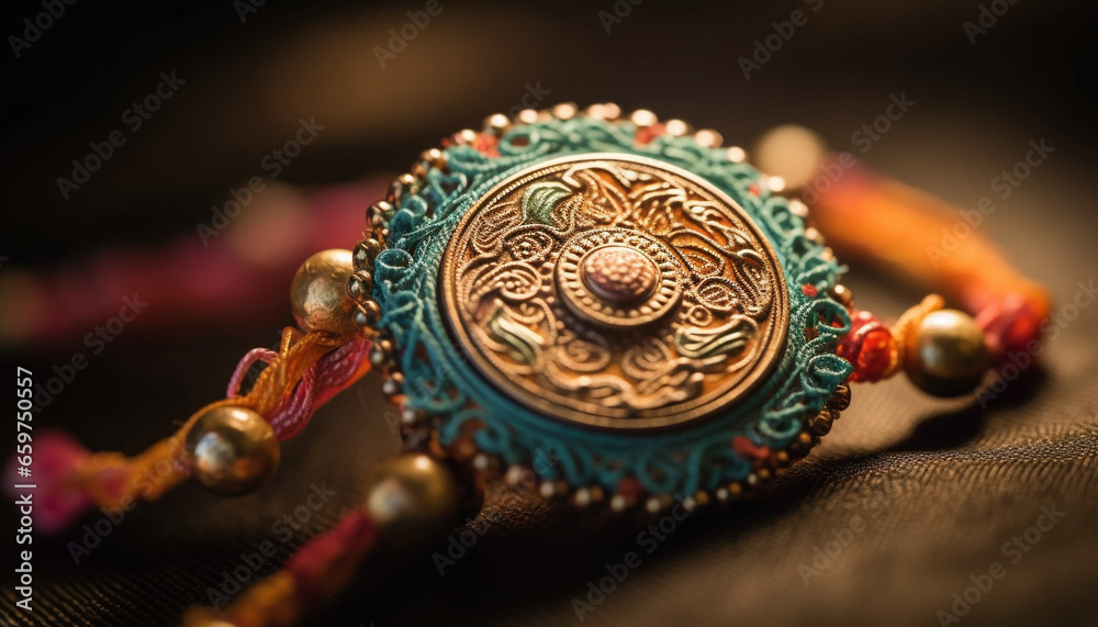 Obraz premium Ancient Indian culture shines through ornate gold jewelry and embroidery generated by AI