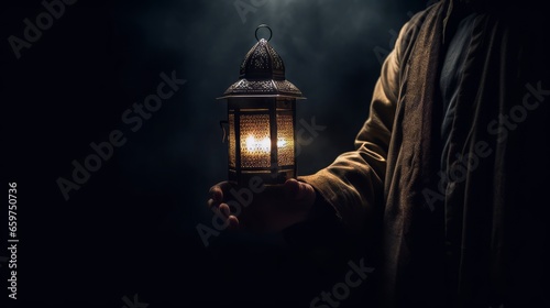 a man's hands holding a festive lamp on dark background