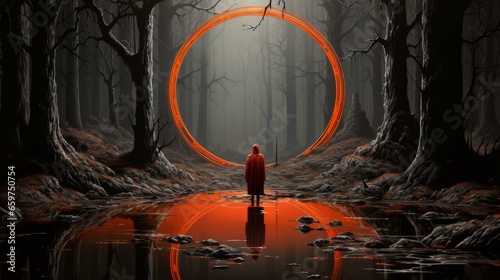 A lone figure stands amidst a sea of trees, their presence illuminated by a bold, red circle of art, invoking a sense of wonder and awe in the tranquil forest