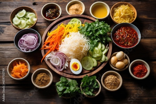 Thai herbs on wooden table with bowl, ingredients for delicious meal.
