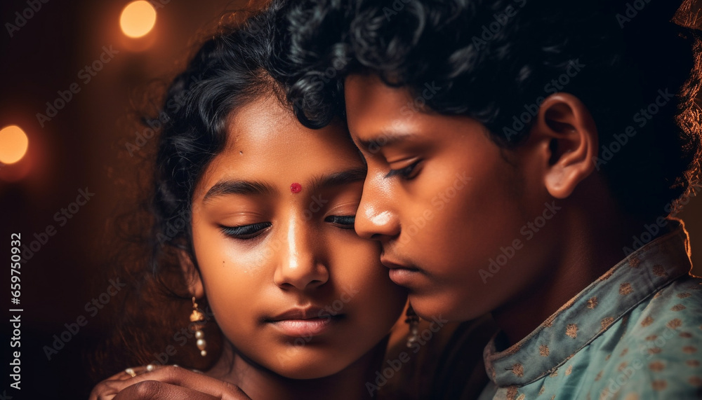 Two siblings embrace in affectionate, innocent, and fun studio shot generated by AI Two siblings embrace in affectionate, innocent, and fun studio shot generated by AI