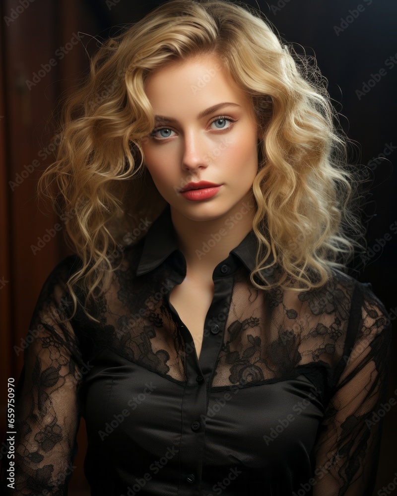 A stunning woman with golden locks and a black shirt stands tall, her makeup artfully applied to showcase her striking features and confident style A stunning woman with golden locks and a black shirt stands tall, her makeup artfully applied to showcase her striking features and confident style