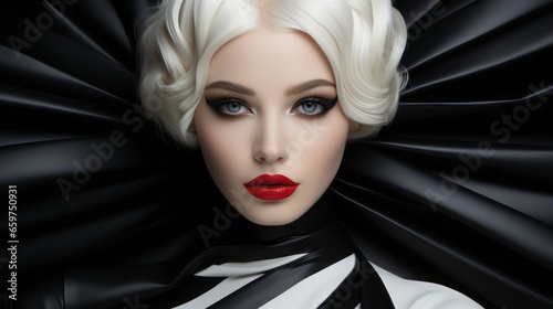 A mysterious woman with gothic-style white hair  bold red lipstick  and dramatic eyelashes embodies the power of fashion and cosmetics in a captivating makeover