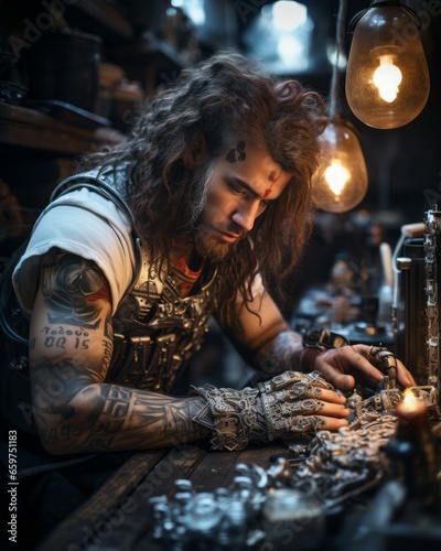 A mysterious man with tattoos covering his body admires a delicate necklace in a quiet, indoor setting, highlighting the contrast between the beauty of his skin art and the delicate jewelry © Envision
