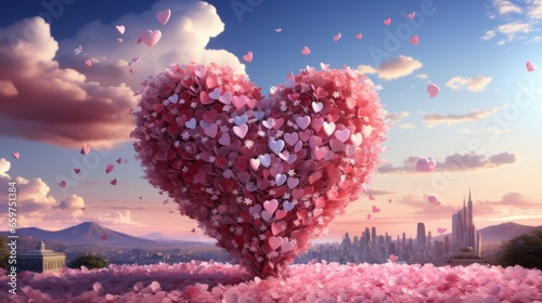 A dreamy sky filled with pink balloons  flowers  and clouds of love and joy  creating a vibrant heart-shaped spectacle