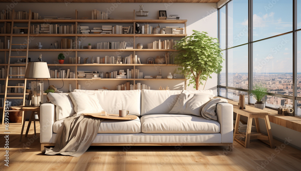Comfortable modern home interior with wood flooring, sofa, and pillow generated by AI Comfortable modern home interior with wood flooring, sofa, and pillow generated by AI