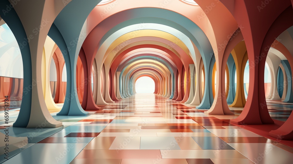 Fototapeta premium A symmetrical, artful tunnel of colorful arches and tiled floors beckons viewers to explore the creative beauty within its walls