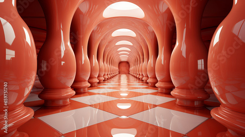 The stark contrast of the vibrant red columns and the pristine white floor creates an elegant yet daring art installation, evoking a sense of both grandeur and curiosity within the indoor space photo