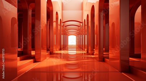 A warm amber light glows from the art-adorned walls and ceiling  creating a stunningly symmetrical indoor corridor that is bathed in a captivating radiance