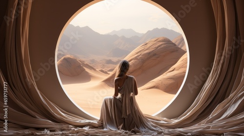 фотография A lone woman sits in a flowing dress, gazing out the round window of her desert
