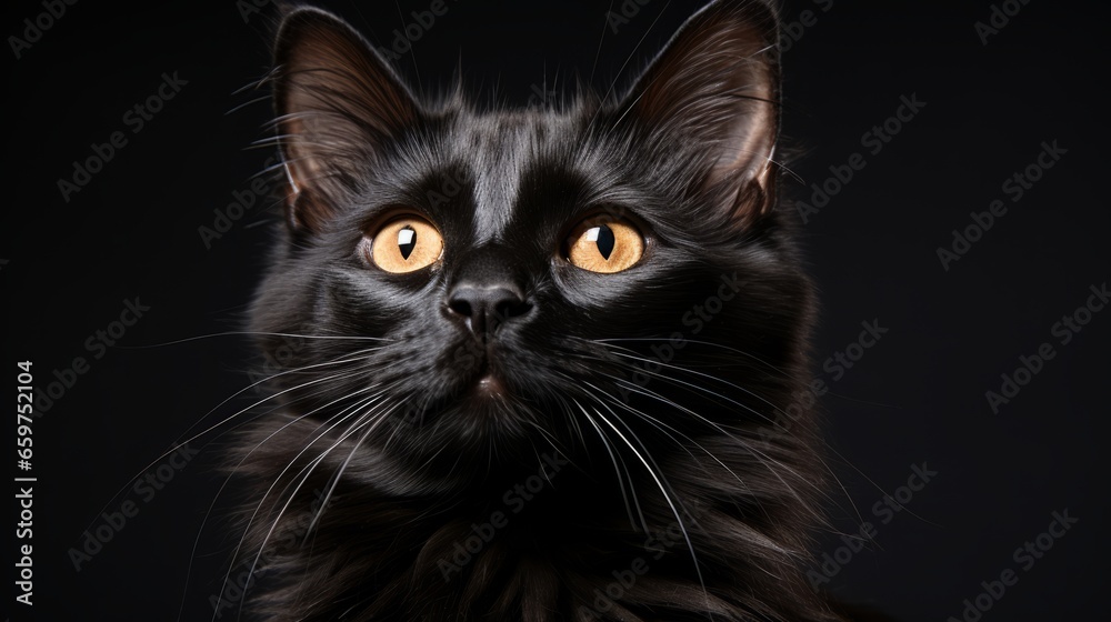 A black cat with fur as dark as night stares into the distance, its whiskers and bright eyes twitching with anticipation and energy