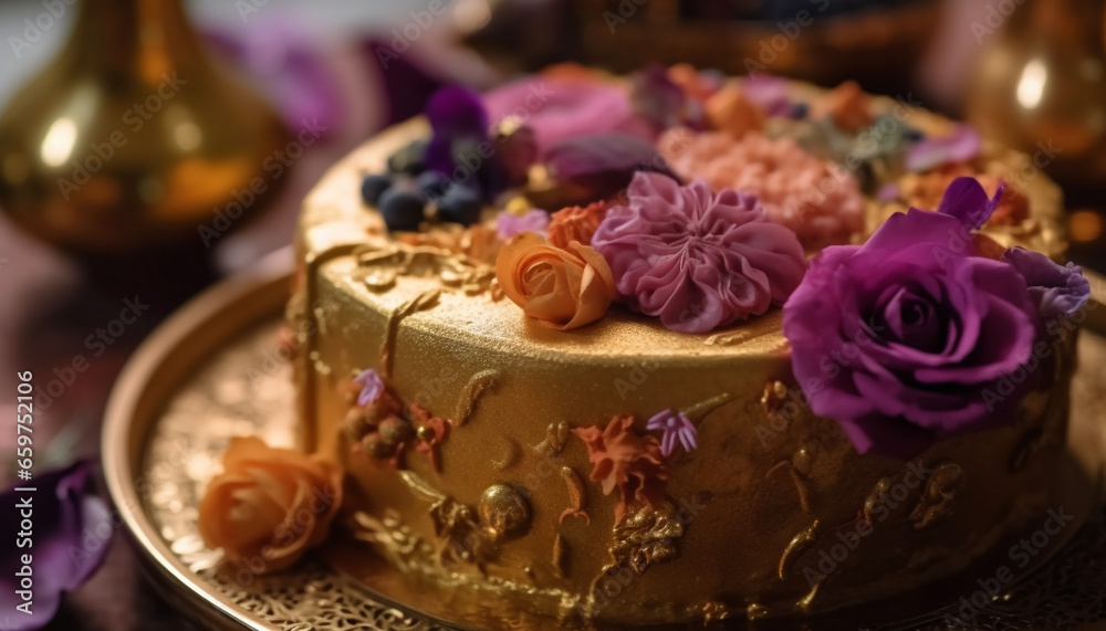 The ornate wedding cake was a gourmet indulgence of chocolate, berries, and cream, decorated with fresh flowers and leaves generated by AI