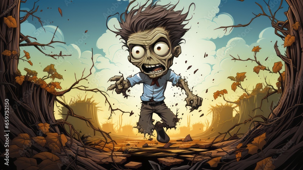 A whimsical and thrilling cartoon of a zany zombie running wildly through a colorful, animated landscape, evoking a sense of chaotic adventure A whimsical and thrilling cartoon of a zany zombie running wildly through a colorful, animated landscape, evoking a sense of chaotic adventure